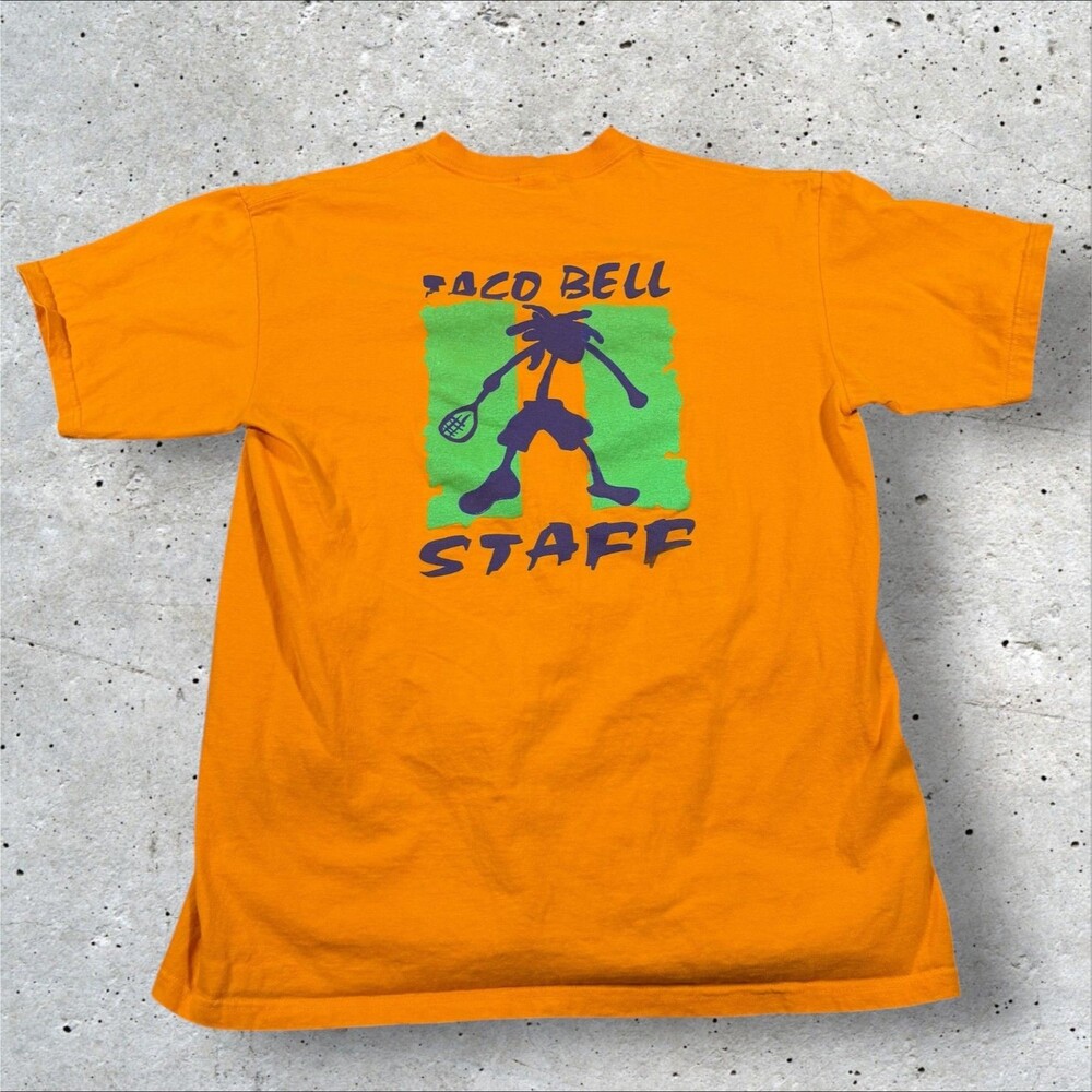 y2k Taco Bell Staff T Shirt Mens Large Orange Anvil Red Bar Tag Promo